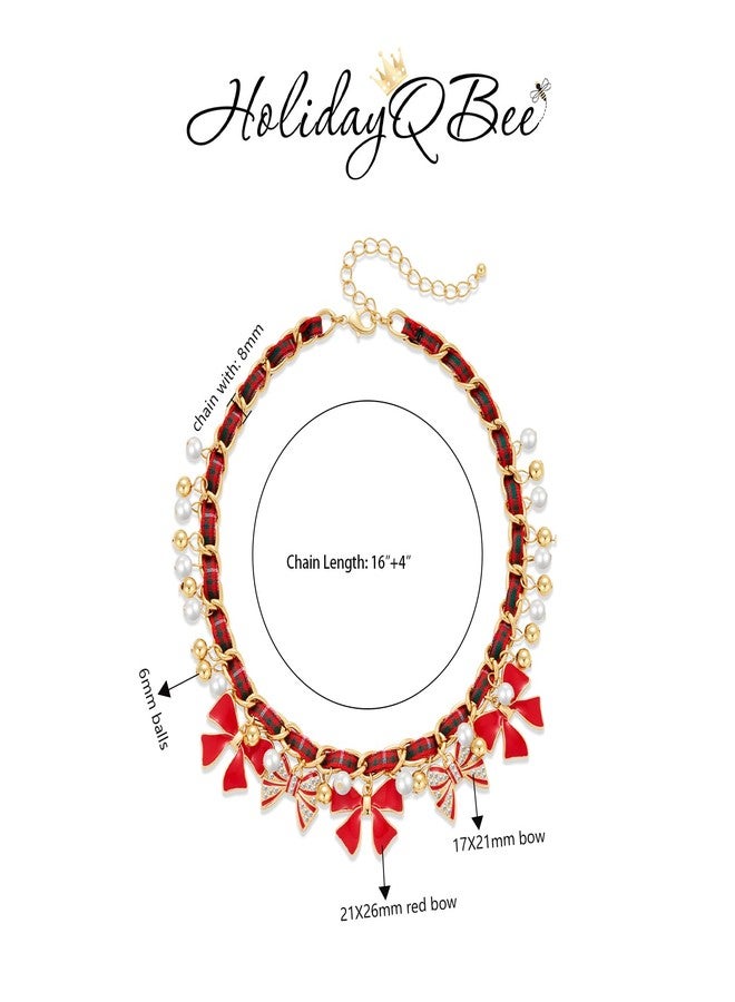 HolidayQbee Christmas Bow Charm Necklace for Women Dainty Cute Christmas Necklace Minimalist Handmade Pearl Necklace for Holiday Jewlery Gifts - Image 4
